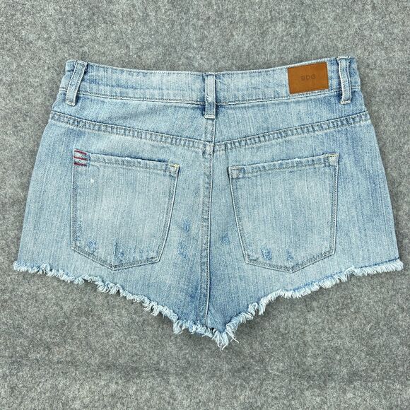 BDG Shorts Womens‎ 28 Blue Camo High Rise Dree Cheeky Frayed Cutoff Denim Jeans - Picture 8 of 13
